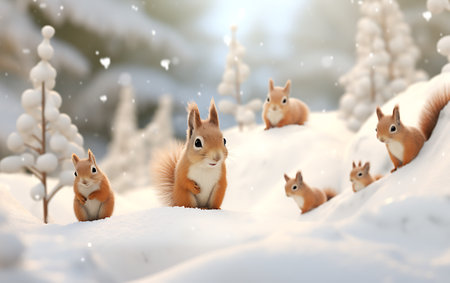 Cute squirrels in winter forest, space for text. Winter seasonの素材