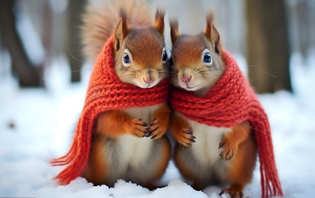 Two squirrels in a red scarf on a background of winter forestの素材