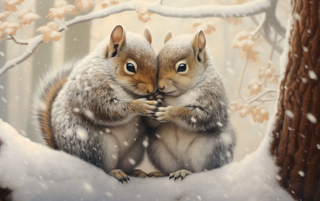Cute squirrels in winter forest. Animals in the snow.の素材