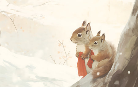 Two squirrels in the winter forest with red raincoat and scarfの素材