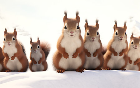 Group of squirrels sitting on the snow. 3D illustration.の素材