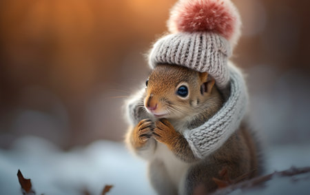 Cute little squirrel in winter hat and scarf sitting on the snowの素材