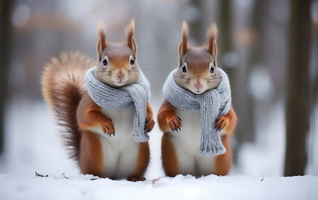 Two squirrels in the winter forest. Red squirrel with gray scarf.の素材