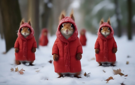 Funny squirrels in a red coat on the street in winterの素材