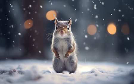 Cute squirrel in winter forest at night. Animal in the snow.の素材