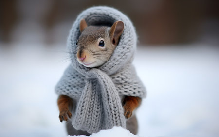 Cute squirrel in a knitted scarf on a snowy background.の素材