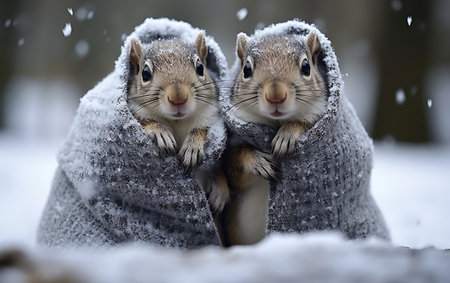 Two squirrels in winter clothes sitting in the snow and looking at cameraの素材
