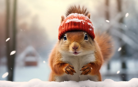 Cute squirrel in winter hat on snowfall background. funny animalの素材