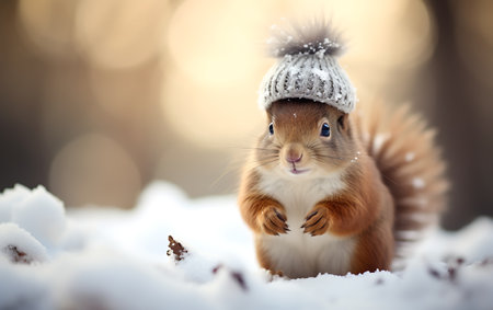 Cute squirrel in winter hat sitting on snow and looking at cameraの素材