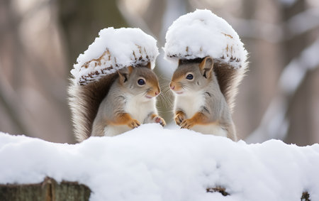 Two squirrels sitting on a snow covered tree trunk in winter forestの素材