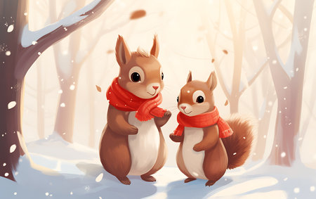 Two cute squirrels in the winter forest with a red scarf.の素材