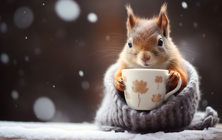 Cute squirrel with cup of hot drink on snow background. Winter concept.の素材
