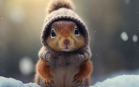 Cute squirrel in winter hat and scarf on snowy forest background.の素材