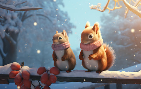 Two squirrels sitting on the fence in the winter park. 3d renderingの素材