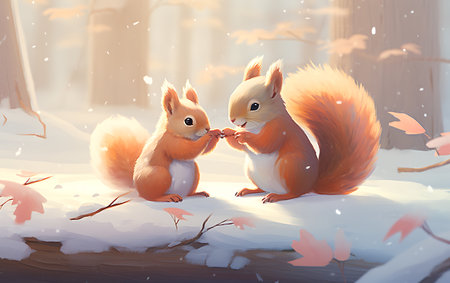 Two cute squirrels sitting on the snowy forest glade in winter.の素材
