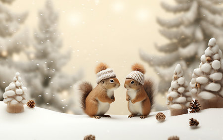 Cute little squirrels in winter forest. Christmas greeting card.の素材