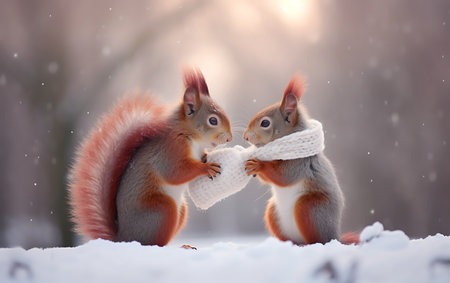 Two squirrels in the winter forest with snowflakes. Cute funny animals.の素材