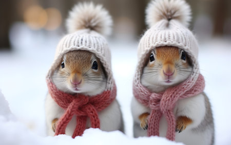 Two cute squirrels in winter hat and scarf on snow background.の素材