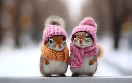 two little squirrels in hats and scarves on a winter backgroundの素材