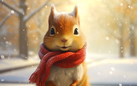 Cute squirrel with scarf in snowy park on sunny day. Winter seasonの素材