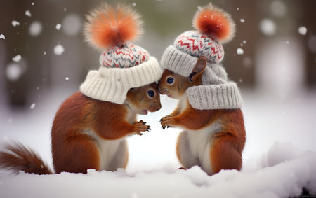 Two squirrels in winter hats sit on the snow and eat nutsの素材