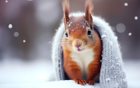 Cute squirrel in warm knitted scarf on snowy forest background.の素材