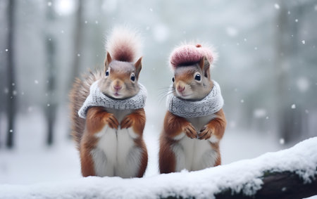 Two cute squirrels in warm hats on the background of snowy forest.の素材