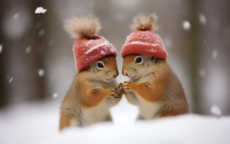 Two squirrels in hats on a snowy forest background. Winter.の素材