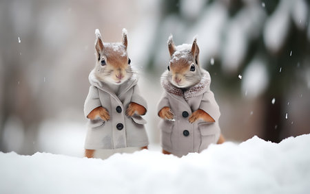 Two squirrels in the winter forest on a background of snow.の素材