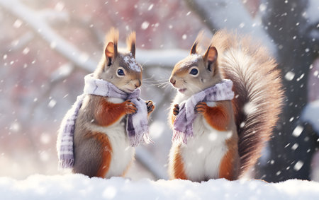 Two squirrels in winter forest with snowfall. Winter season.の素材