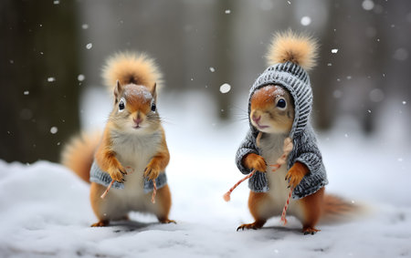 Two cute squirrels in winter clothes sitting on the snow in the parkの素材