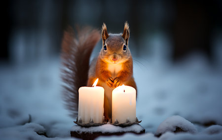 Squirrel with burning candles in winter forest. Shallow depth of field.の素材