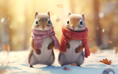 Two squirrels in a scarf and scarf in the winter forest.の素材