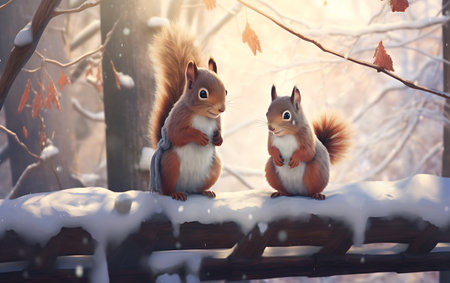Two squirrels sitting on the fence in the winter forest. Beautiful winter backgroundの素材