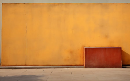 Yellow wall with a red door in the background, closeup of photoの素材