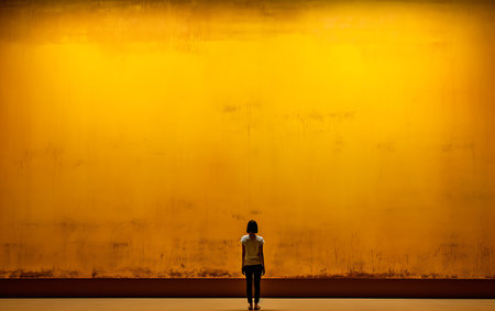 Back view of Asian woman standing and looking at yellow wall background.の素材