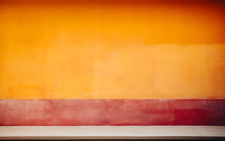 Abstract background of orange and red wall with wooden floor and copy spaceの素材