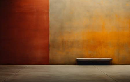 Abstract background of an orange wall and floor with a metal bench.の素材