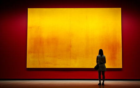 Rear view of businesswoman looking at blank billboard in empty roomの素材