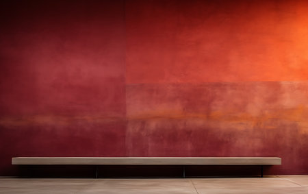 Wooden bench on a red wall background. 3d rendering.の素材