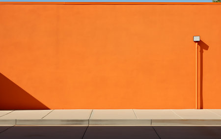 Orange wall with a white door and a shadow on the floor.の素材
