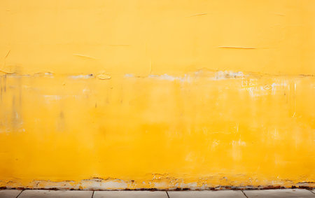 Yellow wall with peeling paint and wooden floor. Abstract background.の素材