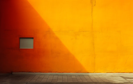 Orange wall with window and shadow. Abstract background. Copy space.の素材