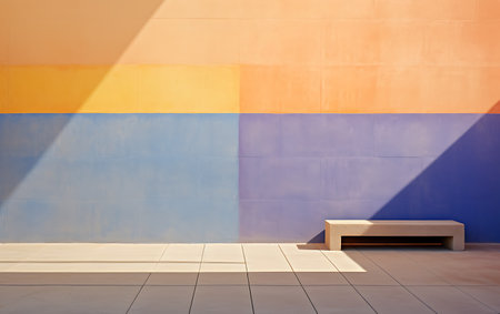 Empty bench in front of an orange and blue wall with a shadowの素材