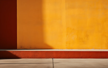 Orange wall with sunlight and shadow on the concrete floor. Abstract background.の素材