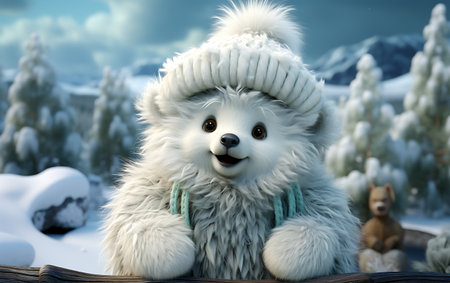Cute fluffy white dog in a hat and scarf on the background of the winter forestの素材