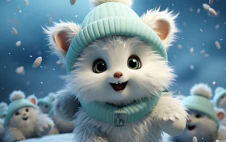 Cute white bear in a winter hat and scarf. 3d renderingの素材