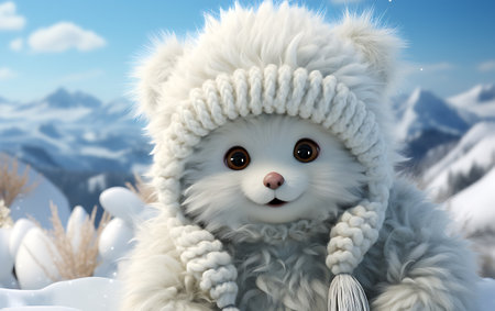 Cute fluffy dog in a winter hat. 3D rendering.の素材