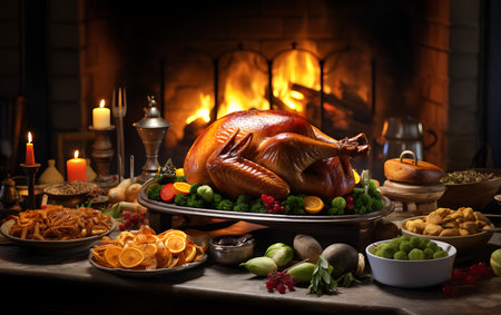 Thanksgiving dinner with roasted turkey and vegetables in front of the fireplaceの素材