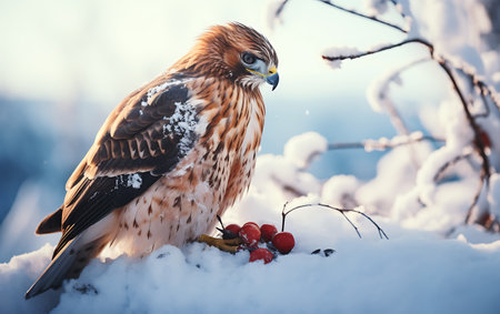 Red-footed Hawk (Buteo jamaicensis) sitting on a branch covered with snow in winterの素材